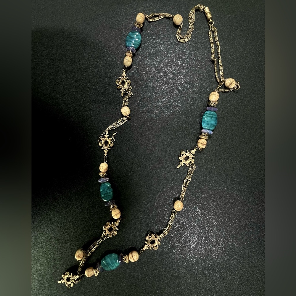 Bohemian vintage Beaded Necklace with Blue and Gold Accents